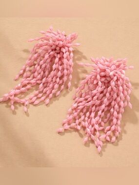 Beaded Tassel Statement Earrings in Pink